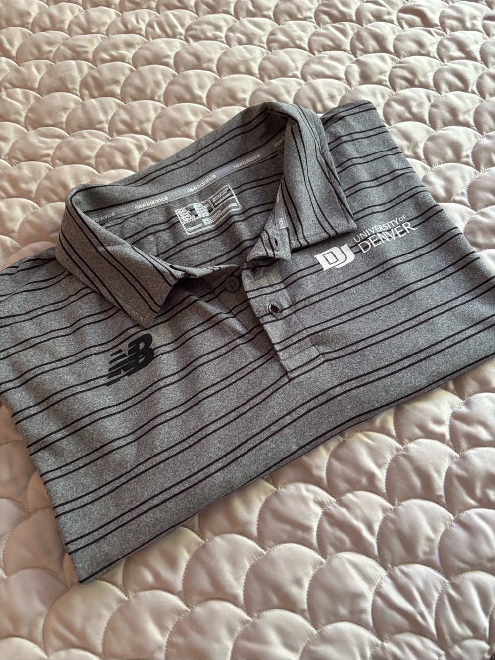 New Balance Men’s Gray Striped Polo with University of Denver Logo